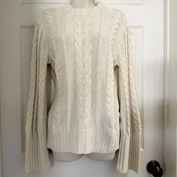 NWT Polo Ralph Lauren Cream 100% Cotton Cable Knit Leather Trim Button Sweater M - Picture 3 of 10